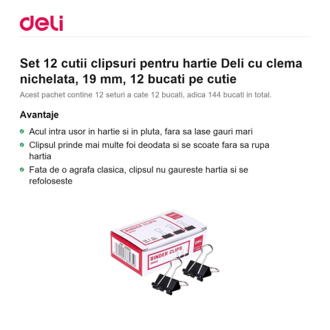 Set 12 cutii clipsuri pentru hartie Deli cu clema nichelata, 19 mm, 12 bucati pe cutie [1]