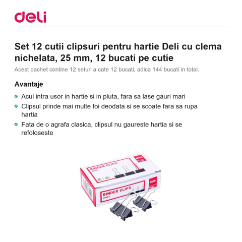 Set 12 cutii clipsuri pentru hartie Deli cu clema nichelata, 25 mm, 12 bucati pe cutie [1]