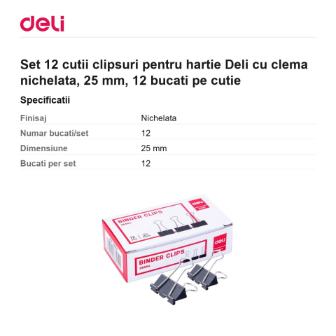 Set 12 cutii clipsuri pentru hartie Deli cu clema nichelata, 25 mm, 12 bucati pe cutie [2]