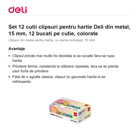 Set 12 cutii clipsuri pentru hartie Deli din metal, 15 mm, 12 bucati pe cutie, colorate [1]