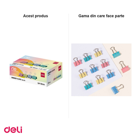 Set 12 cutii clipsuri pentru hartie Deli din metal, 19 mm, 12 bucati pe cutie, colorate [4]