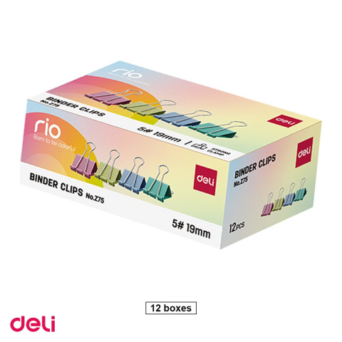Ace, clipsuri & pioneze - Set 12 cutii clipsuri pentru hartie Deli din metal, 19 mm, 12 bucati pe cutie, colorate