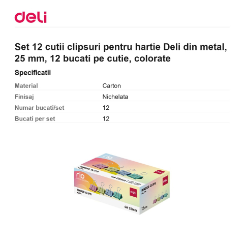 Set 12 cutii clipsuri pentru hartie Deli din metal, 25 mm, 12 bucati pe cutie, colorate [2]