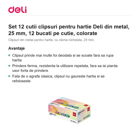 Set 12 cutii clipsuri pentru hartie Deli din metal, 25 mm, 12 bucati pe cutie, colorate [1]