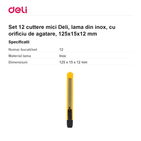 Set 12 cuttere mici Deli, lama din inox, cu orificiu de agatare, 125x15x12 mm [2]