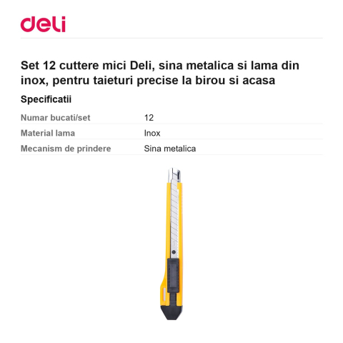 Set 12 cuttere mici Deli, sina metalica si lama din inox, pentru taieturi precise la birou si acasa [2]