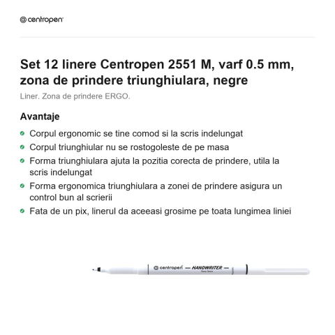 Set 12 linere Centropen 2551 M, varf 0.5 mm, zona de prindere triunghiulara, negre [1]