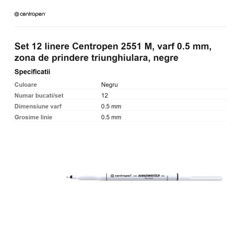 Set 12 linere Centropen 2551 M, varf 0.5 mm, zona de prindere triunghiulara, negre [2]
