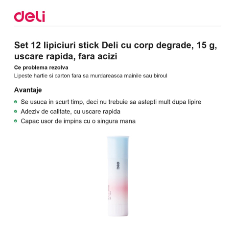 Set 12 lipiciuri stick Deli cu corp degrade, 15 g, uscare rapida, fara acizi [1]