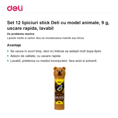 Set 12 lipiciuri stick Deli cu model animale, 9 g, uscare rapida, lavabil [1]
