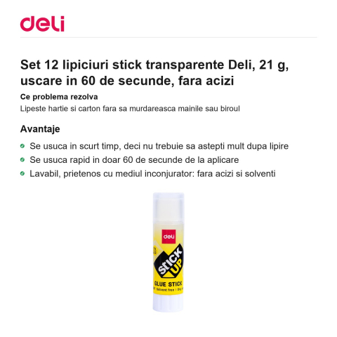 Set 12 lipiciuri stick transparente Deli, 21 g, uscare in 60 de secunde, fara acizi [1]