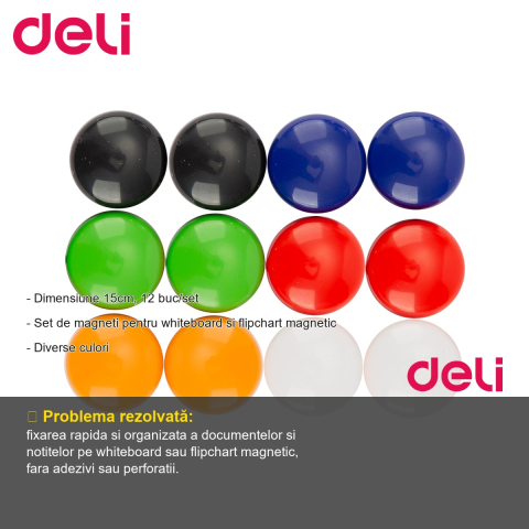 Set 12 magneti colorati Deli pentru whiteboard si flipchart magnetic, diametru 15mm [1]