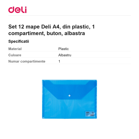 Set 12 mape Deli A4, din plastic, 1 compartiment, buton, albastra [2]