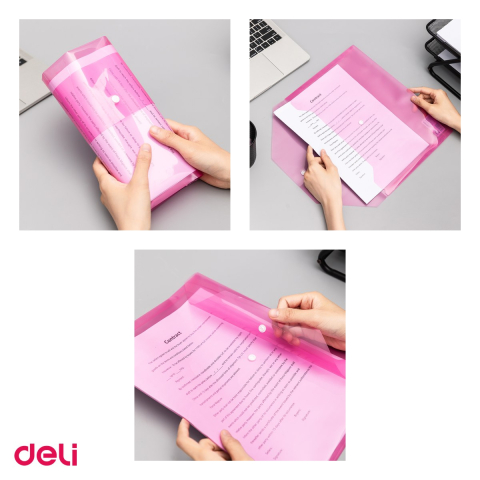 Set 12 mape Deli A4, din plastic, 1 compartiment, buton, rosu [3]