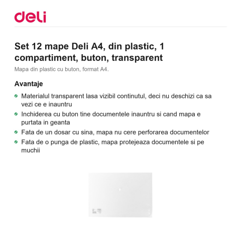 Set 12 mape Deli A4, din plastic, 1 compartiment, buton, transparent [1]