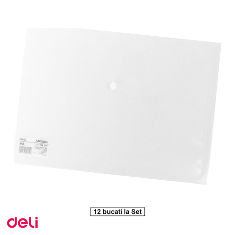 Birotica papetarie - Set 12 mape Deli A4, din plastic, 1 compartiment, buton, transparent