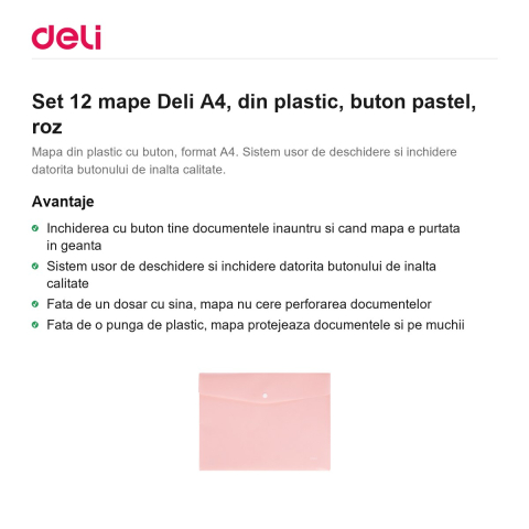 Set 12 mape Deli A4, din plastic, buton pastel, roz [1]
