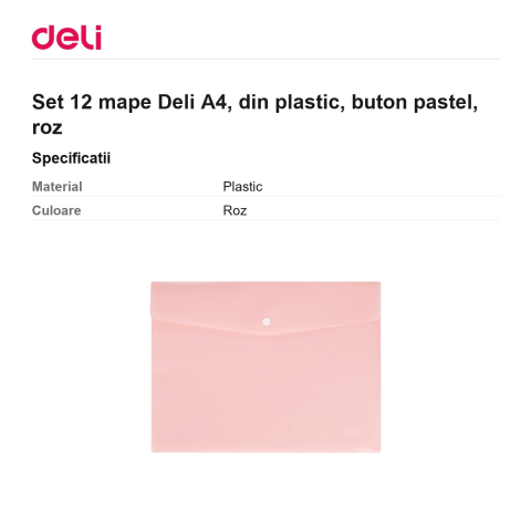 Set 12 mape Deli A4, din plastic, buton pastel, roz [2]