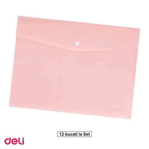 Birotica papetarie - Set 12 mape Deli A4, din plastic, buton pastel, roz