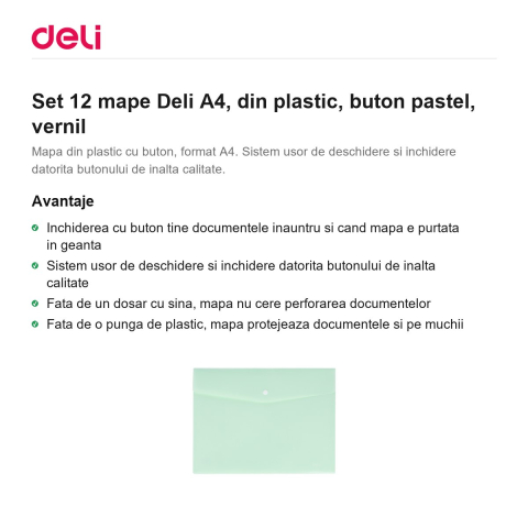 Set 12 mape Deli A4, din plastic, buton pastel, vernil [1]