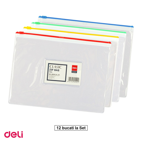 Birotica papetarie - Set 12 mape Deli A5 Protectie Zip, din pvc, 1 compartiment, transparent