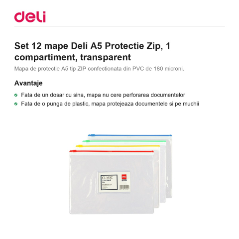 Set 12 mape Deli A5 Protectie Zip, din pvc, 1 compartiment, transparent [1]