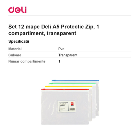 Set 12 mape Deli A5 Protectie Zip, din pvc, 1 compartiment, transparent [2]