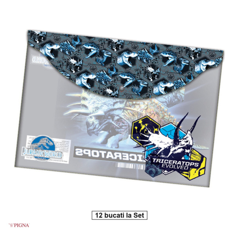 Organizare si arhivare - Set 12 mape Pigna Jurassic World, A4, din plastic, 1 compartiment, buton, licenta