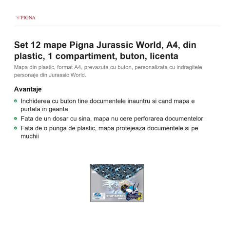 Set 12 mape Pigna Jurassic World, A4, din plastic, 1 compartiment, buton, licenta [1]