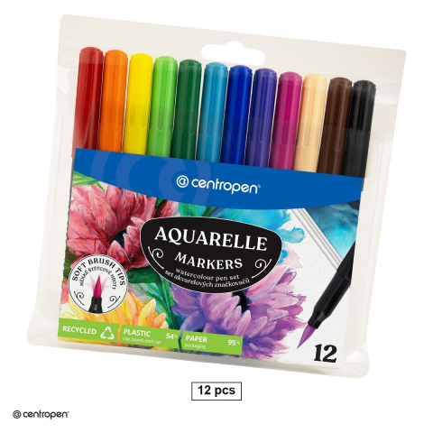 Handmade Creativ si Hobby - Set 12 markere acuarela Centropen 8683 Aquarelle, varf pensula 1-9 mm, 12 culori