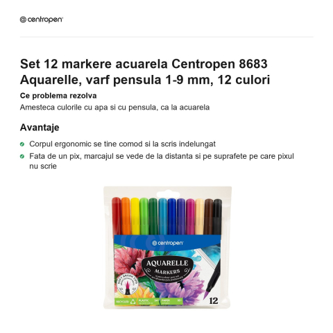 Set 12 markere acuarela Centropen 8683 Aquarelle, varf pensula 1-9 mm, 12 culori [1]