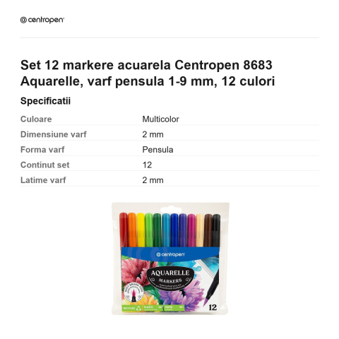 Set 12 markere acuarela Centropen 8683 Aquarelle, varf pensula 1-9 mm, 12 culori [2]
