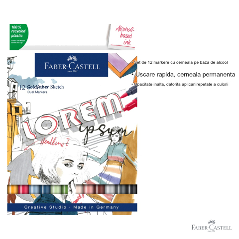 Set 12 markere cu 2 capete Faber-Castell Goldfaber, cerneala alcool, varf pensula si fineliner, pentru desen artistic [2]