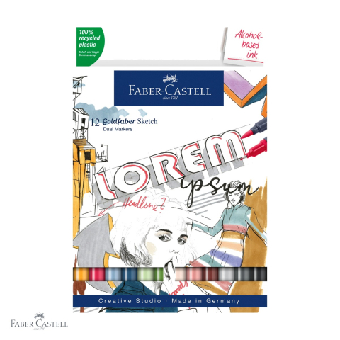 Markere si instrumente de desen artistic - Set 12 markere cu 2 capete Faber-Castell Goldfaber, cerneala alcool, varf pensula si fineliner, pentru desen artistic
