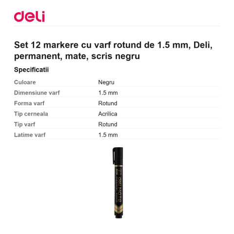 Set 12 markere cu varf rotund de 1.5 mm, Deli, permanent, mate, scris negru [2]