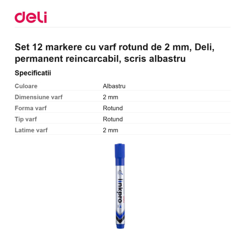 Set 12 markere cu varf rotund de 2 mm, Deli, permanent reincarcabil, scris albastru [2]