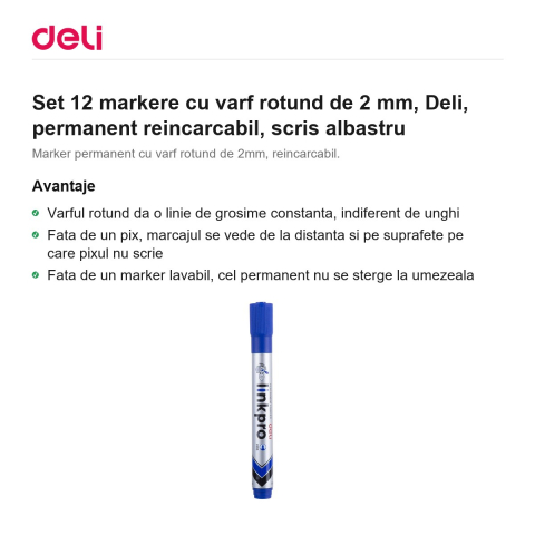 Set 12 markere cu varf rotund de 2 mm, Deli, permanent reincarcabil, scris albastru [1]