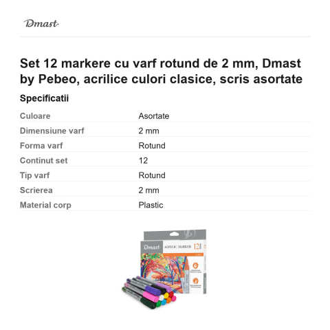 Set 12 markere cu varf rotund de 2 mm, Dmast by Pebeo, acrilice culori clasice, scris asortate [2]