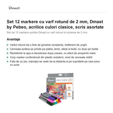 Set 12 markere cu varf rotund de 2 mm, Dmast by Pebeo, acrilice culori clasice, scris asortate [1]