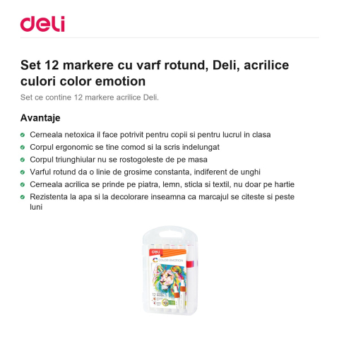 Set 12 markere cu varf rotund, Deli, acrilice culori color emotion [1]