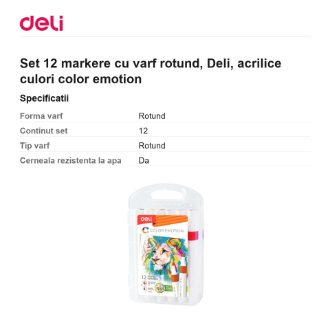 Set 12 markere cu varf rotund, Deli, acrilice culori color emotion [2]