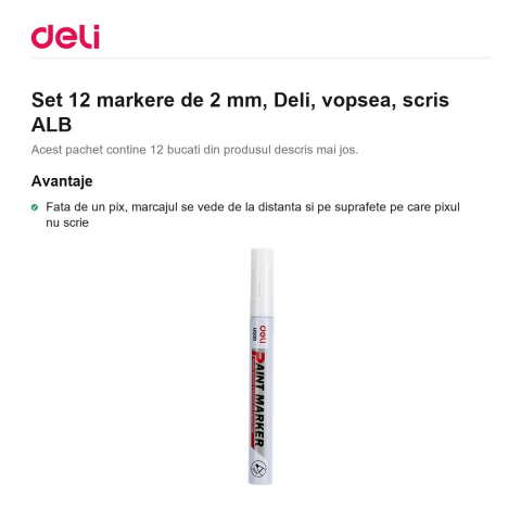 Set 12 markere de 2 mm, Deli, vopsea, scris ALB [1]