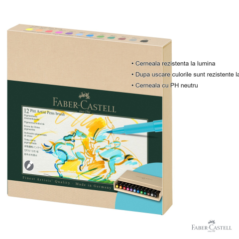 Set 12 markere Faber-Castell Pitt Artist Pen Brush Studio, varf pensula, cerneala rezistenta la apa, pentru artisti si designeri [2]