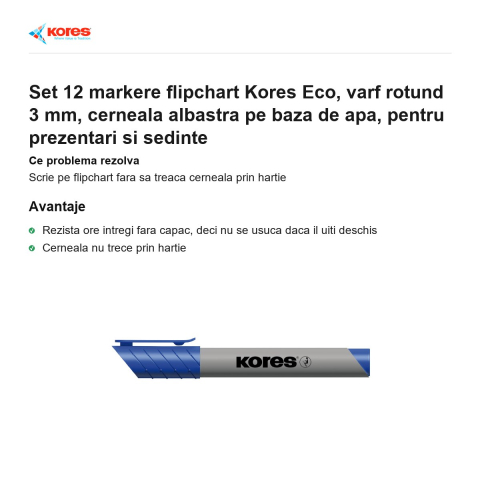 Set 12 markere flipchart Kores Eco, varf rotund 3 mm, cerneala albastra pe baza de apa, pentru prezentari si sedinte [1]