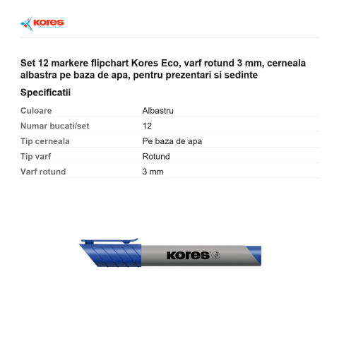 Set 12 markere flipchart Kores Eco, varf rotund 3 mm, cerneala albastra pe baza de apa, pentru prezentari si sedinte [2]