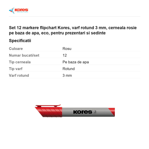 Set 12 markere flipchart Kores, varf rotund 3 mm, cerneala rosie pe baza de apa, eco, pentru prezentari si sedinte [2]