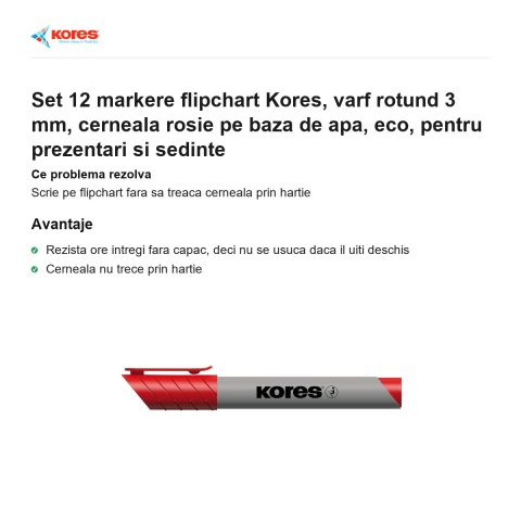 Set 12 markere flipchart Kores, varf rotund 3 mm, cerneala rosie pe baza de apa, eco, pentru prezentari si sedinte [1]