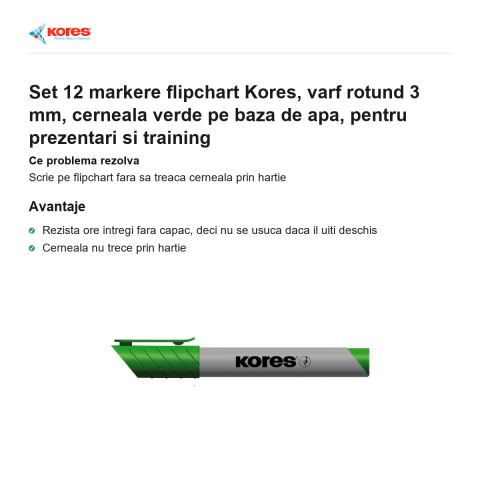 Set 12 markere flipchart Kores, varf rotund 3 mm, cerneala verde pe baza de apa, pentru prezentari si training [1]