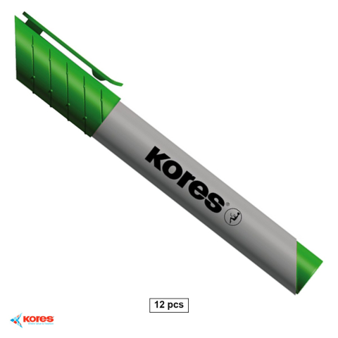 Accesorii prezentare - Set 12 markere flipchart Kores, varf rotund 3 mm, cerneala verde pe baza de apa, pentru prezentari si training