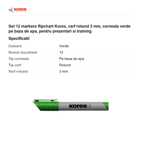 Set 12 markere flipchart Kores, varf rotund 3 mm, cerneala verde pe baza de apa, pentru prezentari si training [2]